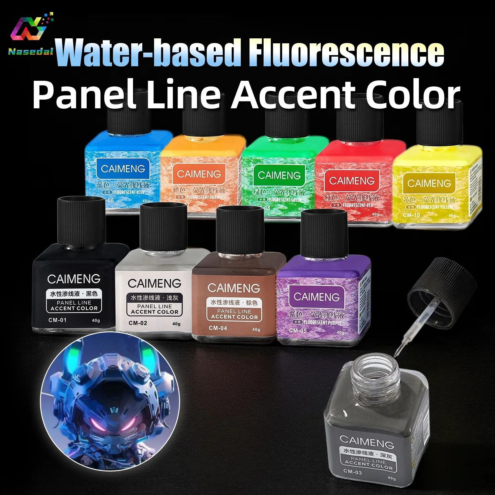 

Nasedal 40g Basic Color Water Based Panel Line Accent Fluorescent Color Penetrating Ink for Gundam Scale Model Painting Tools
