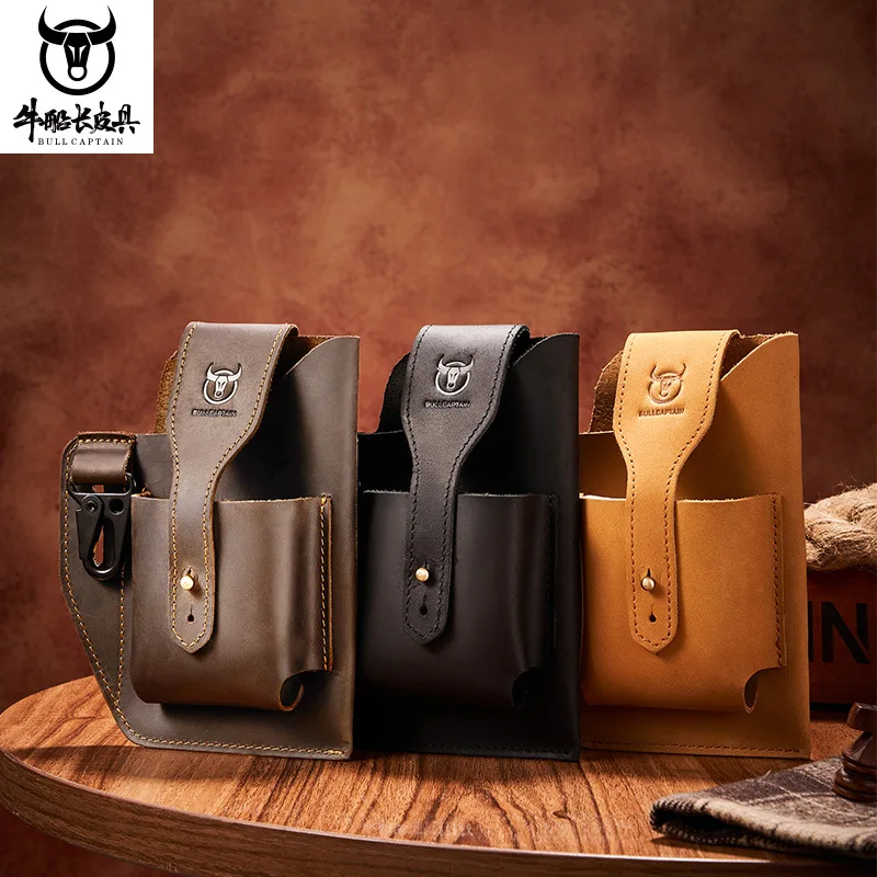 

Retro waist bag men real leather multi-function mobile phone bag cowhine leather wear belt multi-pocket work belt bag