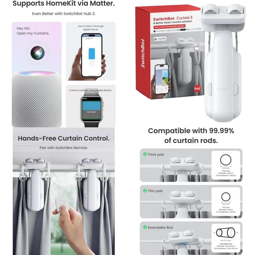 2025 Automatic Curtain Opener 3 Rod-Bluetooth Remote Control, WiFi&Smartphone Control, Upgraded High-Performance, Add Hub to Wor