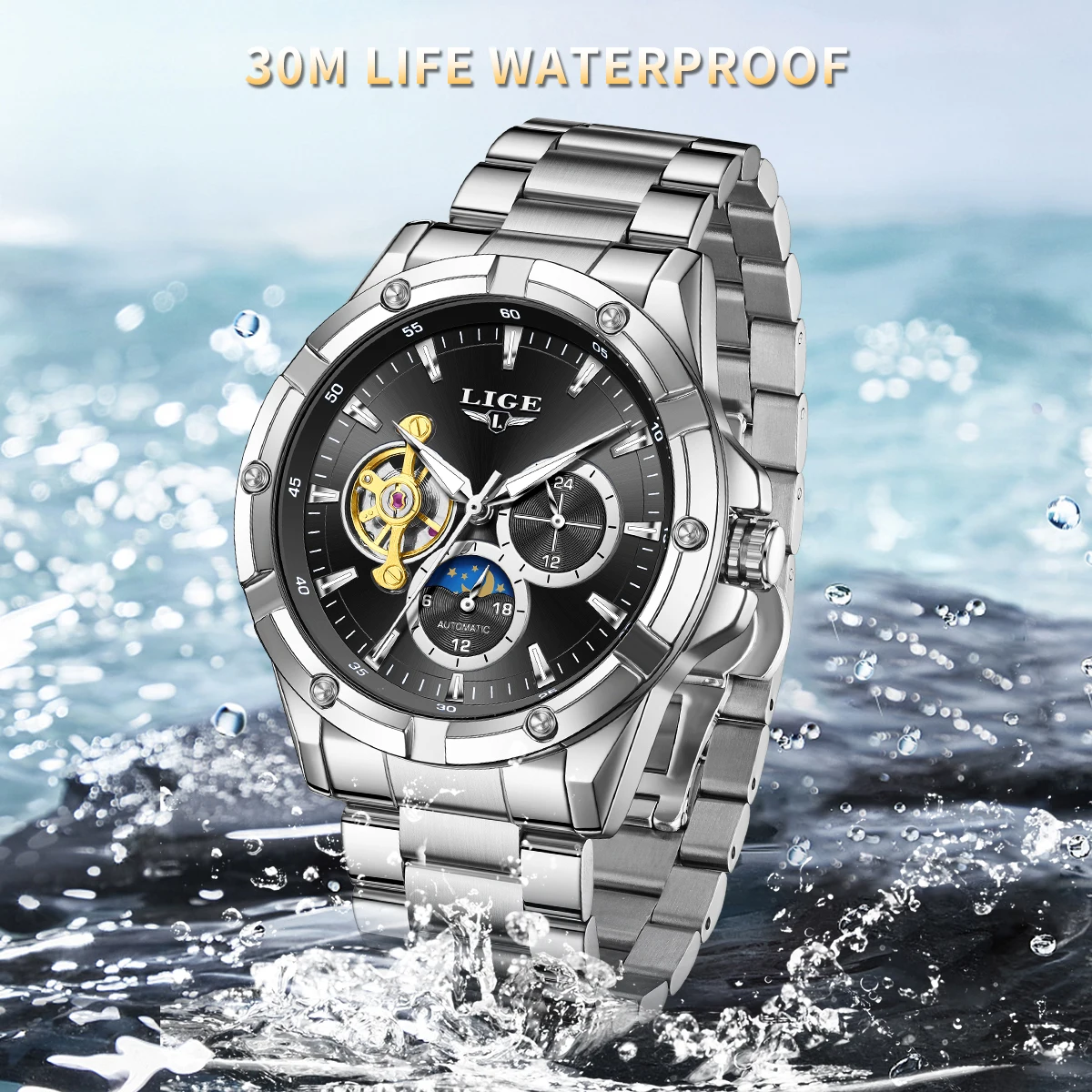 LIGE Mechanical Wristwatches Watches for Man Watches Golden Skeleton Automatic Mechanical Mens Watch reloj hombre montre homme