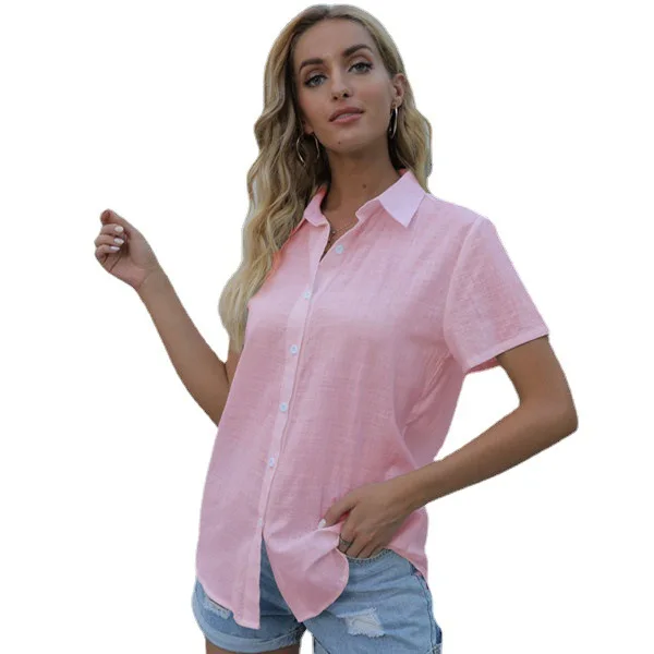 Camisa de lino de algodón de manga corta holgada informal de Color sólido para mujer camisas con botones de un solo pecho blusa Top