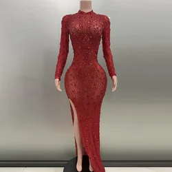 Flashing Red Rhinestones Diamonds Sexy See-Through Slit Sheath Dress Wedding Evening Party Performance Costume Singer Stage Wear