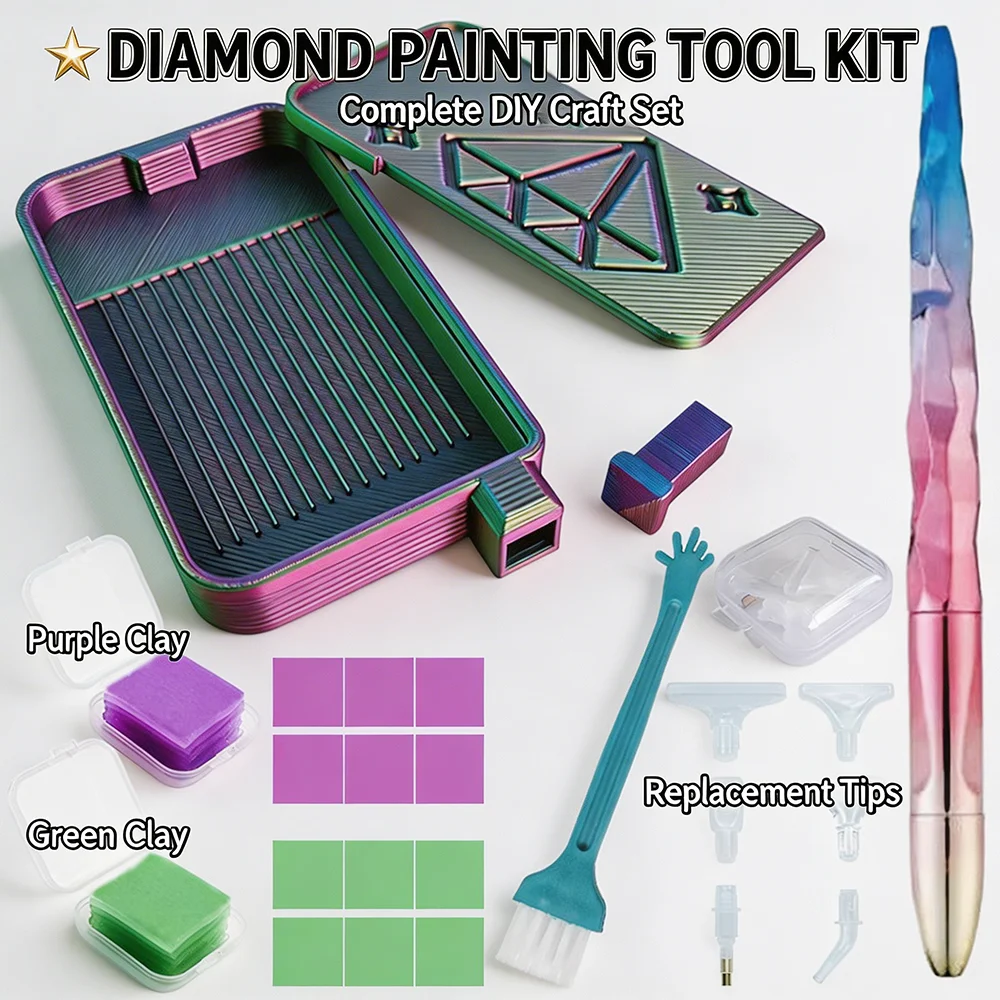 Diamond Painting Tool Kit with Iridescent Metal Tray, Gradient Pen, Replacement Tips, Purple & Green Clay, DIY Accessories Set