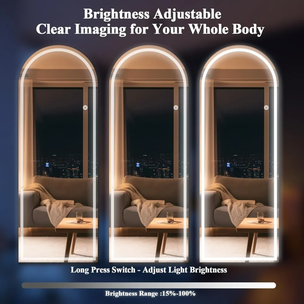 مرآة مقوسة بإضاءة LED كاملة الطول مع 3 ألوان، قائمة على الأرض لغرفة النوم أو غرفة الملابس #5