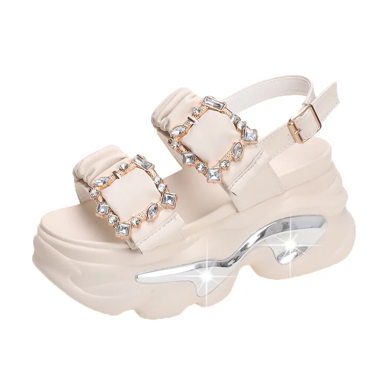 Female Sandal High Heels Black Shoes for Women Muffins shoe Buckle Strap 2023 Summer Open Toe Girls Rhinestone High-heeled Beige