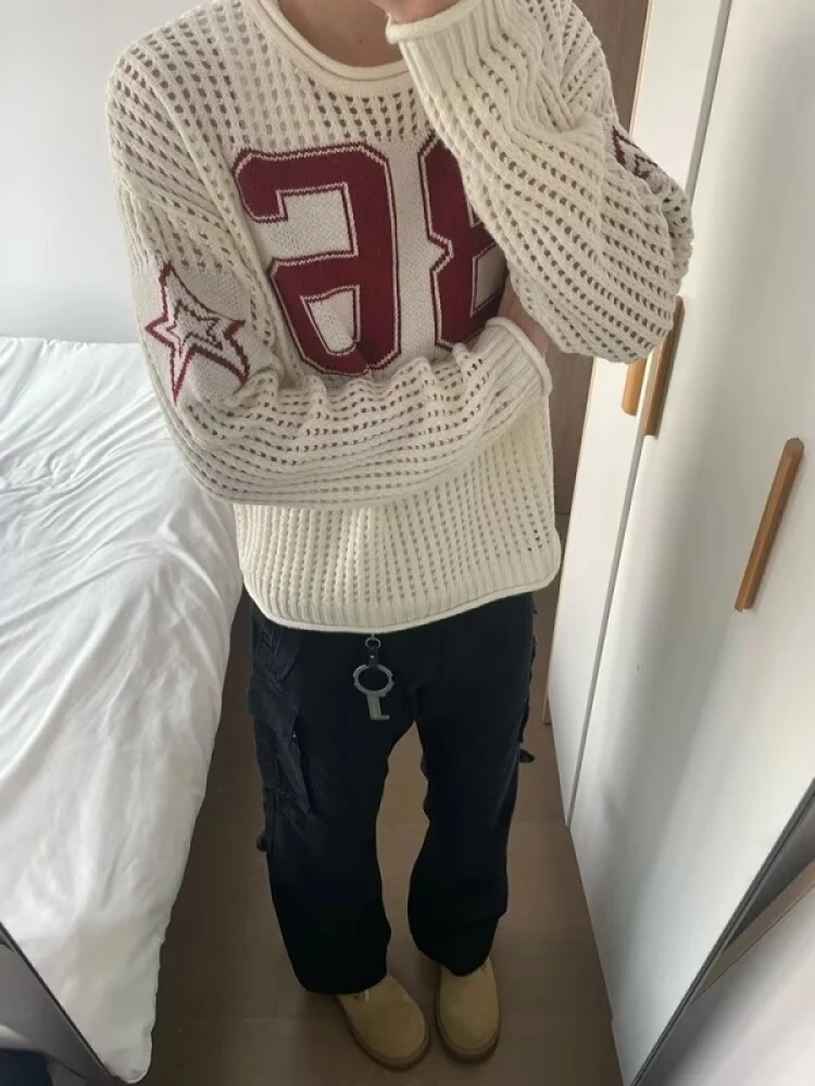 

Мужской свитер в американском ретро-стиле с круглым вырезом и ажурным узором, свободного кроя, модный, вязаный, в стиле Cleanfit