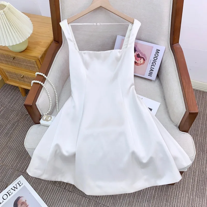 

High Waist A-Line Sundr Crossed Strap Satin Long Dr Ele French Sle Summer Dr for Women Polyester Fiber
