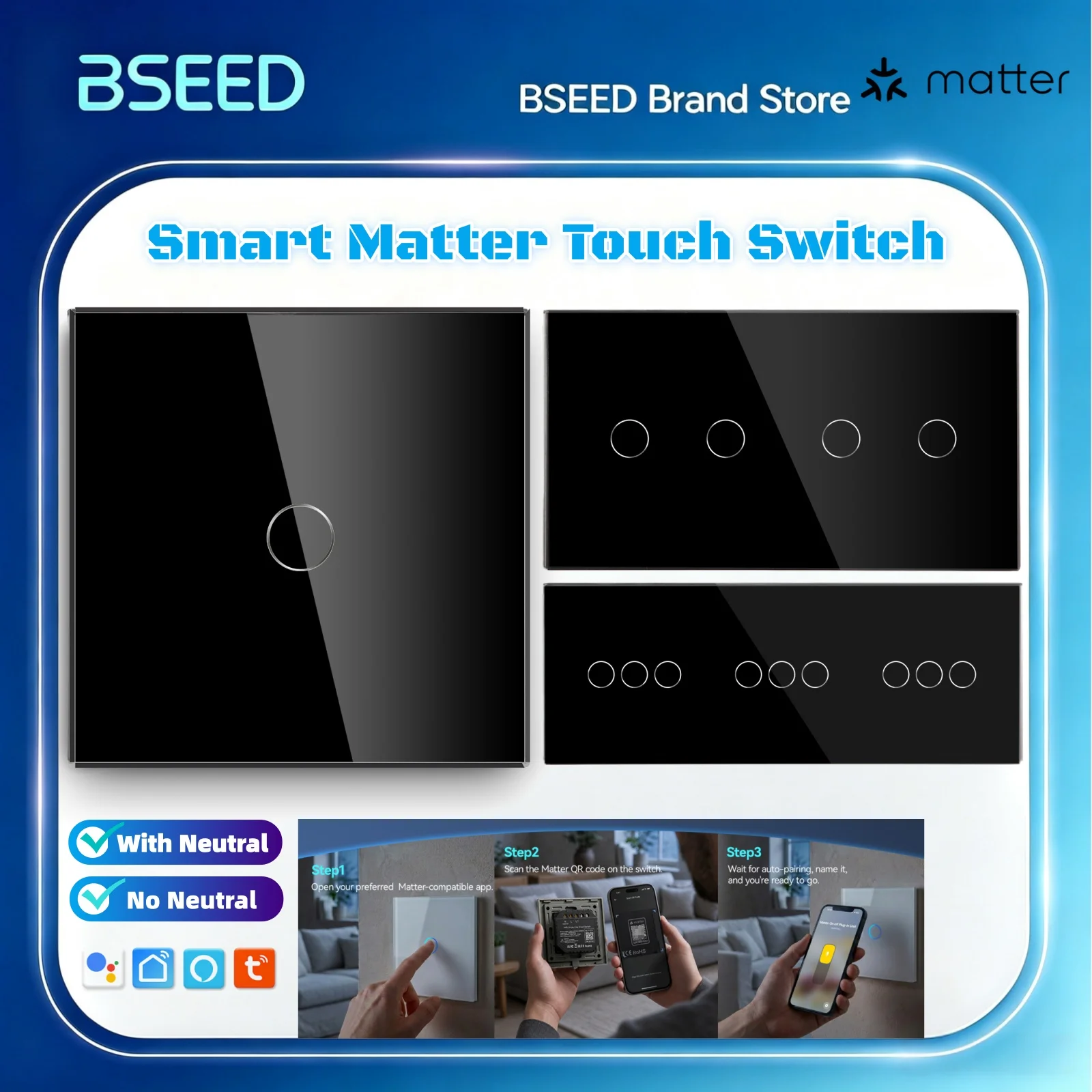 BSEED Matter Smart Touch Lichtschalter 1/2/3-fach unterstützt Apple Home Tuya APP Google Assistant Sprachsteuerung, Neutralleiter optional.