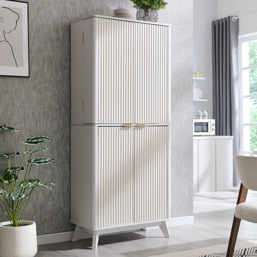 

72 Tall Fluted Pantry Cabinet with Faux Marble Top, Adjustable Shelves & Door Racks, Curved Profile Design, Spacious Dua