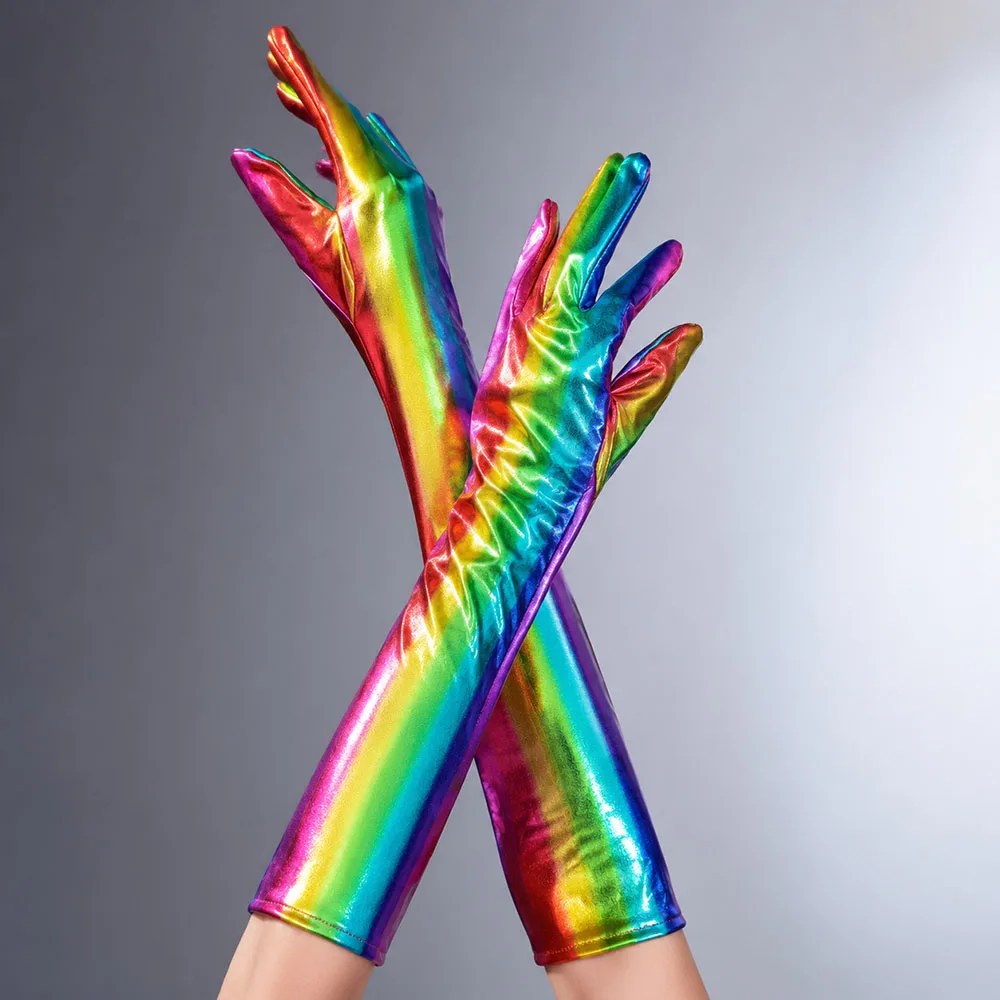 Fashion Rainbow Patent Leather Coated Long Gloves Imitation Leather Women Sexy Dance Party Club Performance Punk Gothic Cosplay
