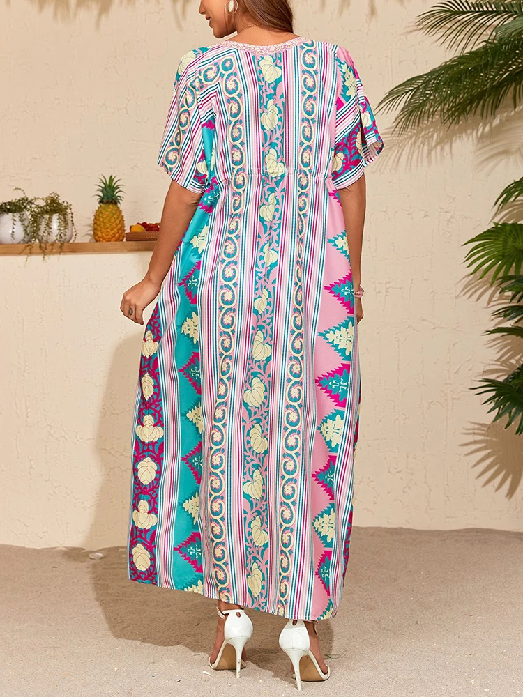 Letnia damska sukienka z krótkim rękawem, w stylu casual, wykonana z poliestru, nowa, modna, z nadrukiem, dekolt w serek, rozmiar uniwersalny.