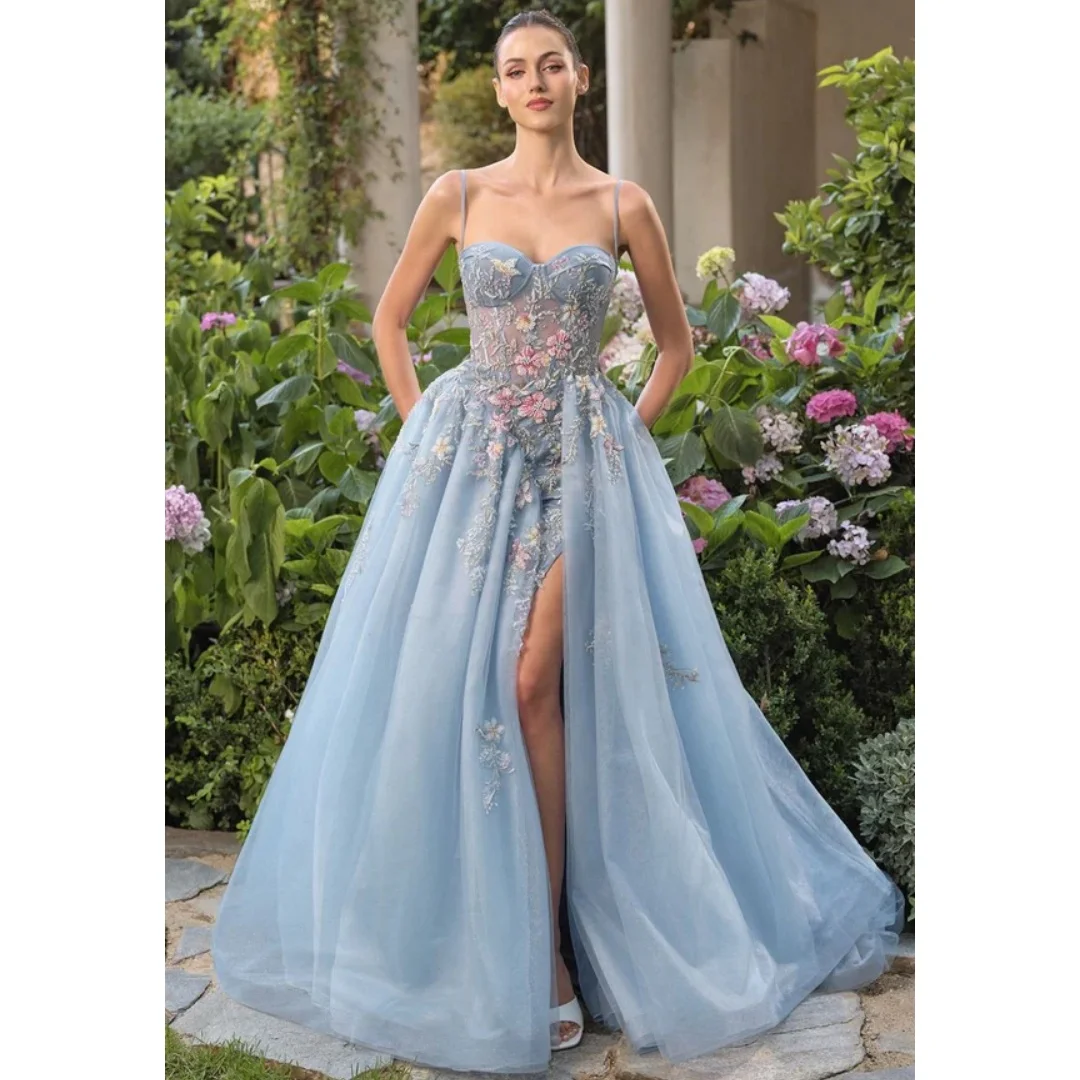

A Line Evening Dresses Spaghetti Straps Appliqued Prom Dress Side Slit Floral Wedding Party Gown Customized Vestidos