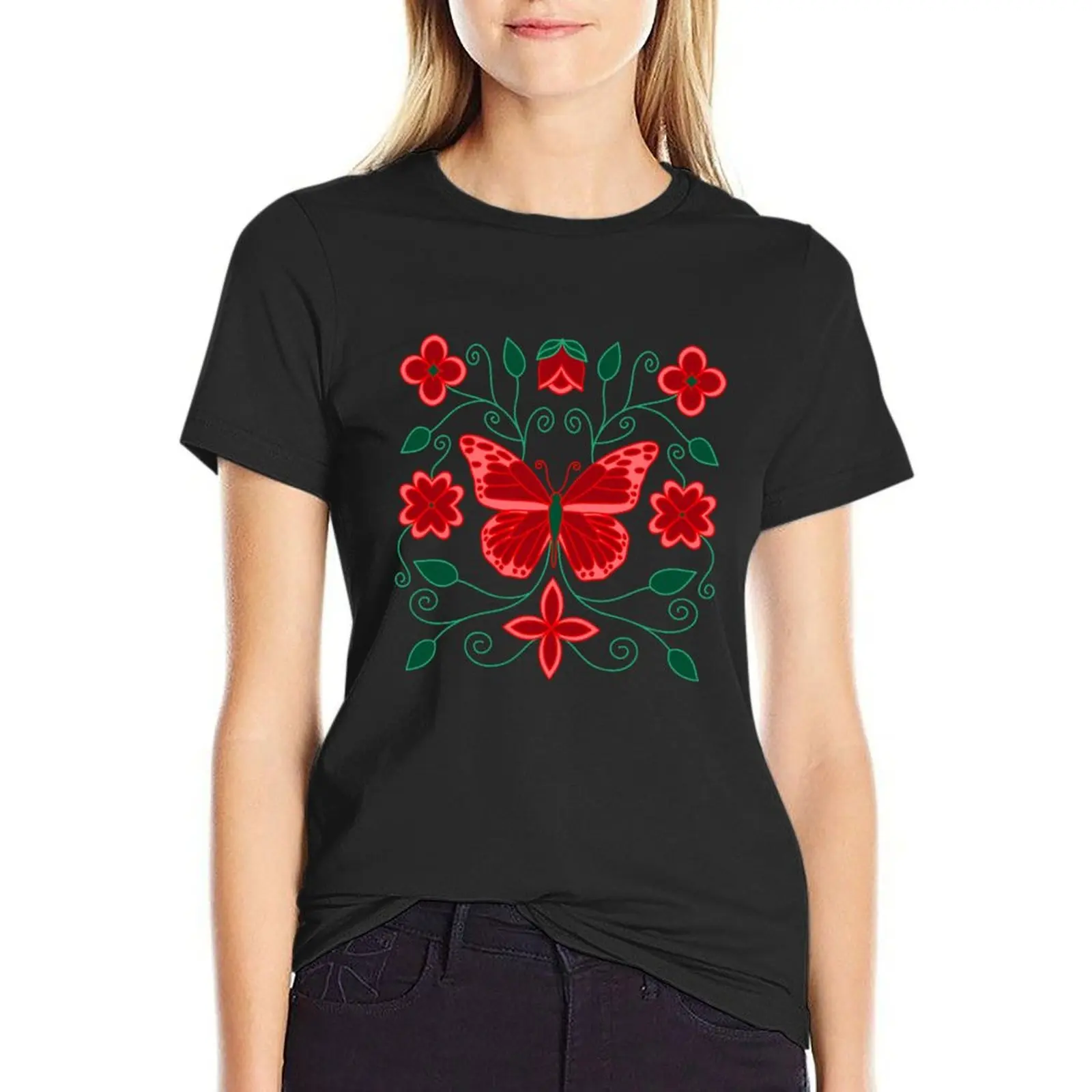 Red Floral T-Shirt Aesthetic clothing oversized Blouse blanks white t shirts for Women