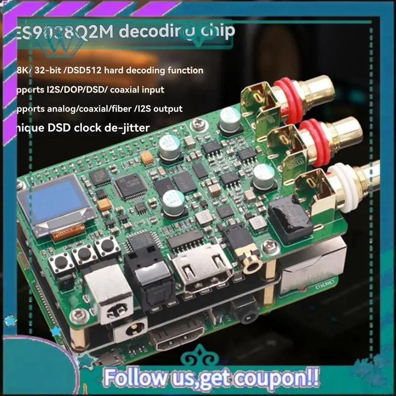 A75Q-For Raspberry Pi Es9038q2m DAC Decoder Board Hifi Audio, Coaxial, Fiber, I2S, Analog Output Supports 768K 32Bit, DSD512