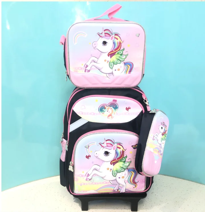 School Kids Rolling Backpack for Girls With Wheels with lunch bag pen bag School Trolley Wheeled Backpacks for girls Rolling Bag