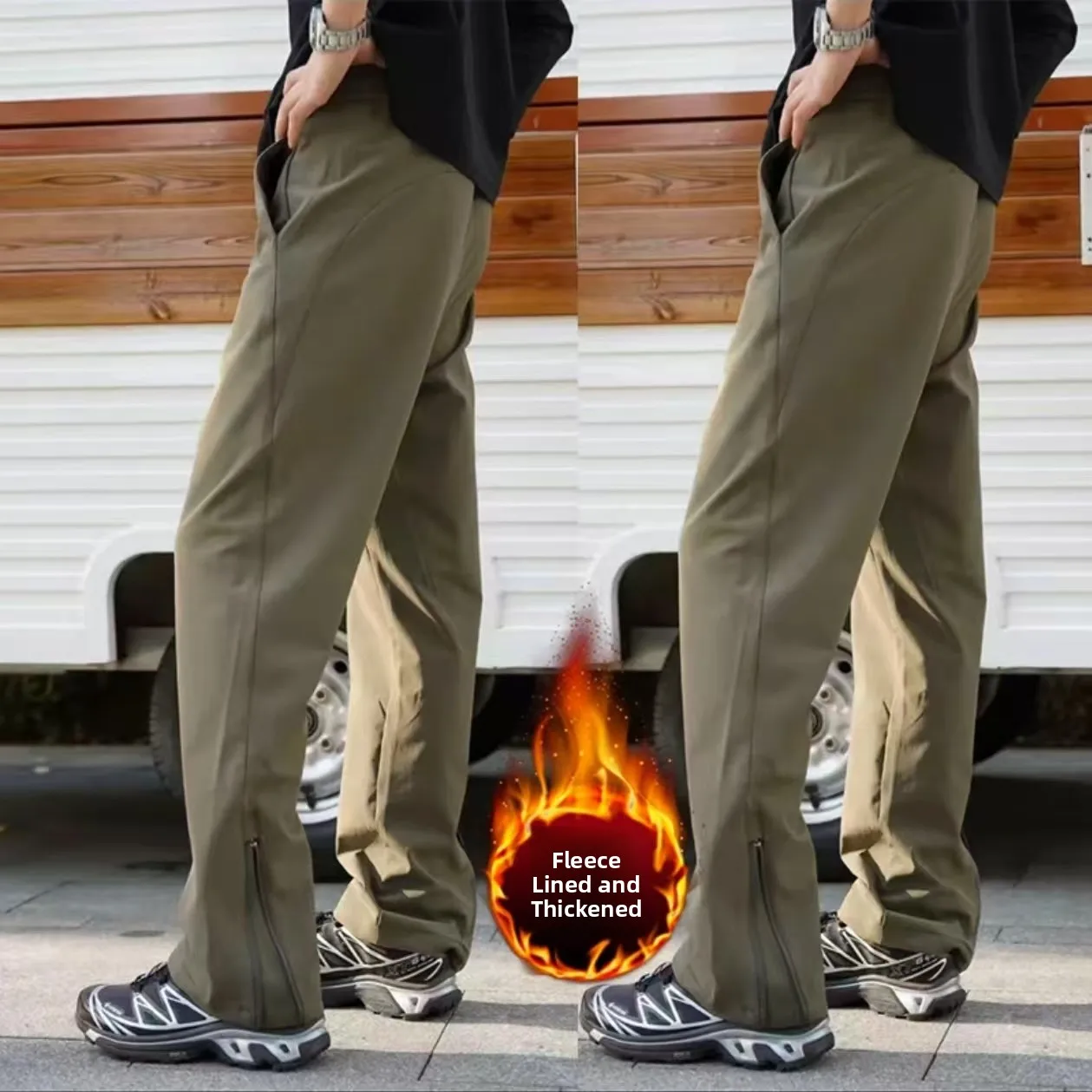 

Men's Winter Thiened Fce Lined Straight Leg Casual Pants Outdoor Waterproof Soft ell Zipper Closure Functional Trousers