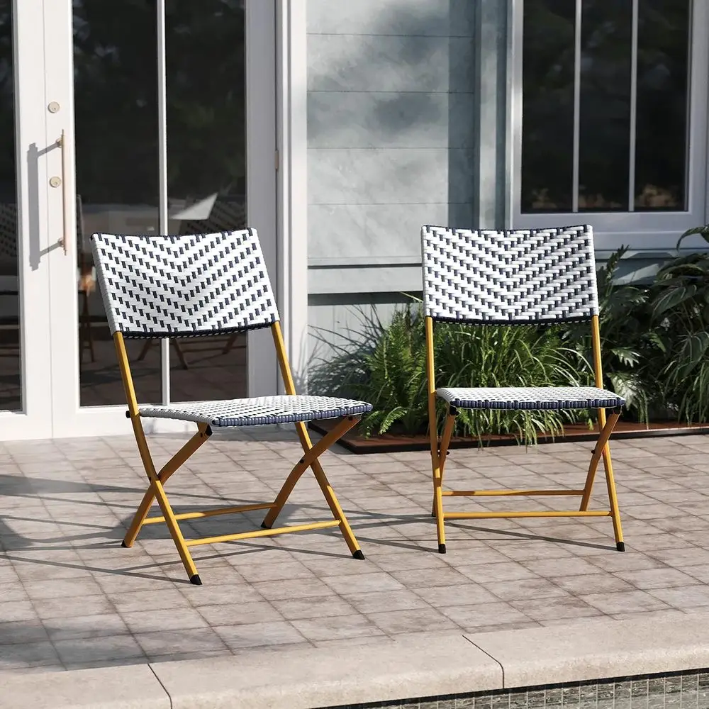 

EMMA + OLIVER Ciel Two Piece olding Bistro Chairs - Navy and White PE Rattan - Natural inish Metal es - Indoor/Outdoor Use