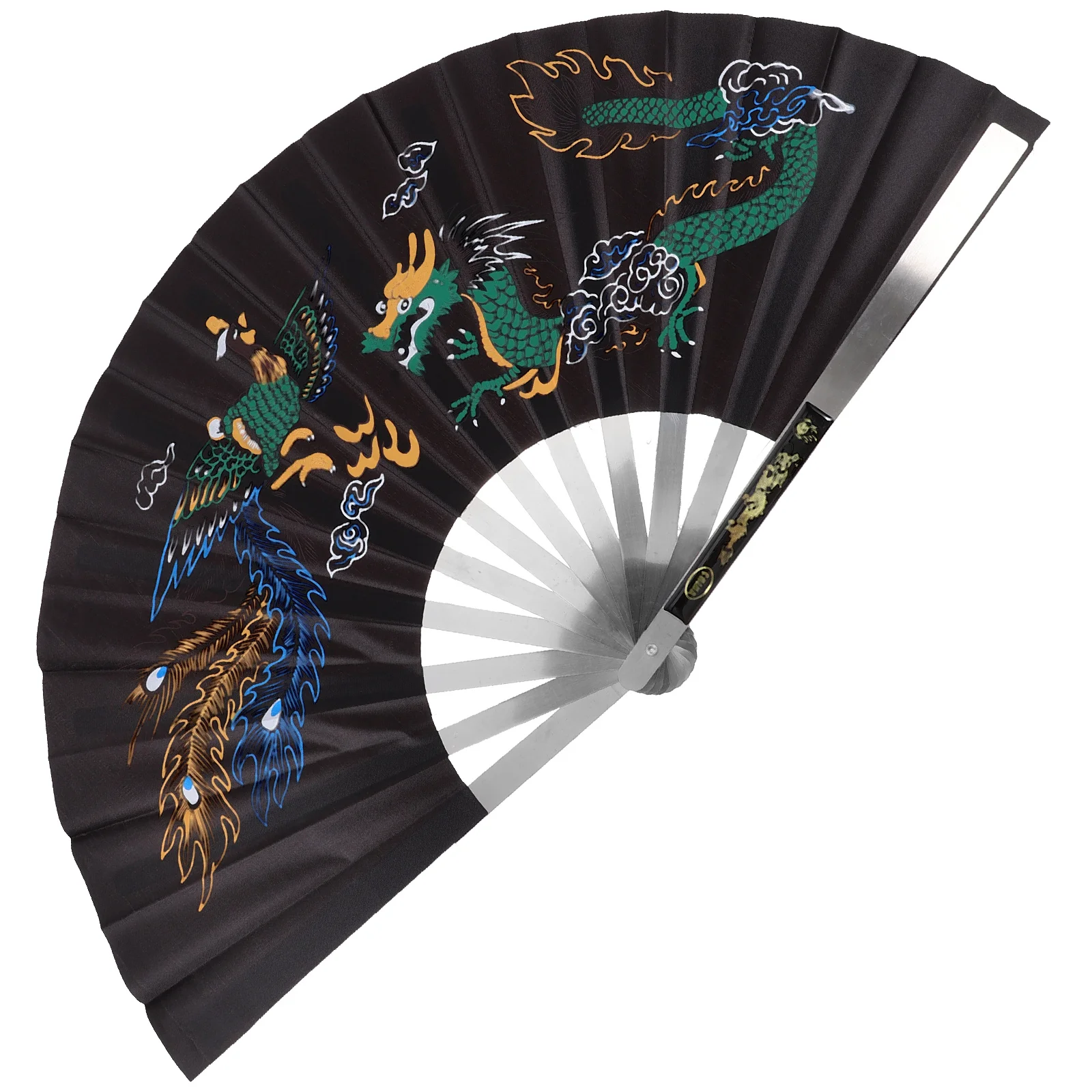 Dragon and Phoenix Peony Fan Handheld Folding Silk Vintage Chinese Style Girl Traditional Metal Cloth Stainless Steel