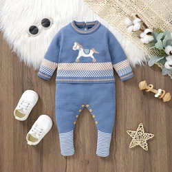 Newborn Baby Romper Knitted Infant Girl Boy Jumpsuit Fashion Blue Striped Cute Horse Toddler Kid Clothes 0-9M Overalls One Piece