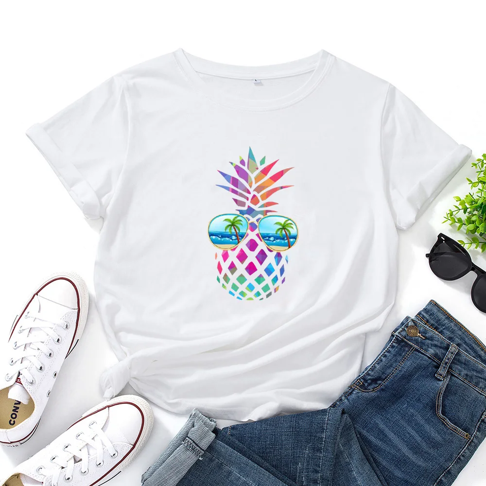 Womens Clothing Tops T-Shirt O-neck Graphic Tees Women Plaid Pineapple Beach Women T Shirt Graphic Short Sleeve Fashion Summer