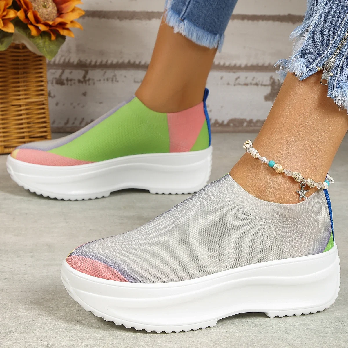 Women\'s 2023 Casual Mesh Breathable Sneakers Spring Autumn Fashion Slip On Round Toed Platform Walking Shoes Plus Size 36-42