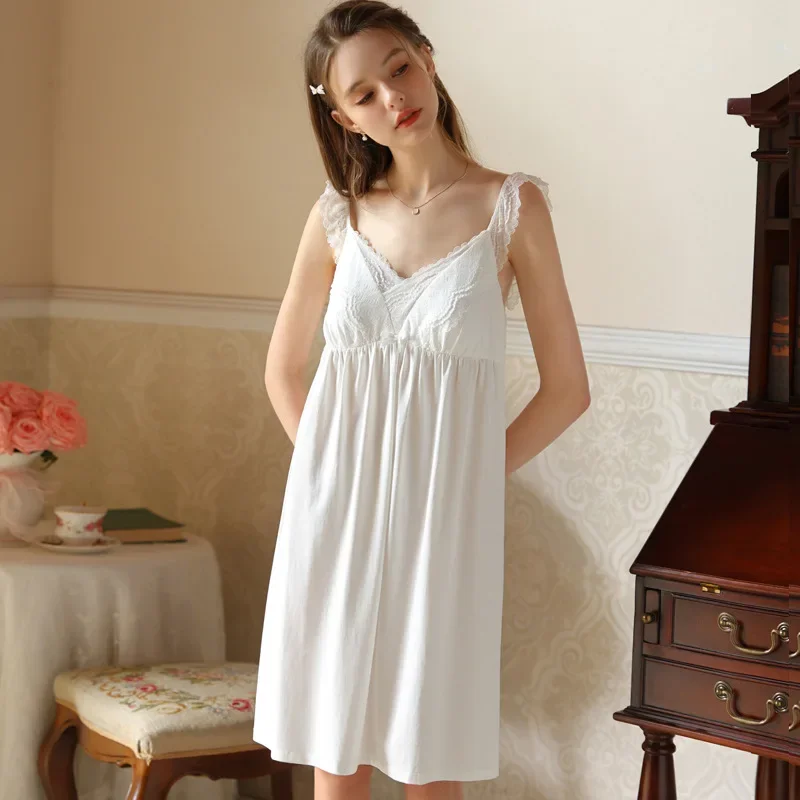 Lace V-neck With Bra Pads Cotton Sleepwear For Women Elegant Princess  Summer  Loose Home Dress  High Quality French Victorian - view 4
