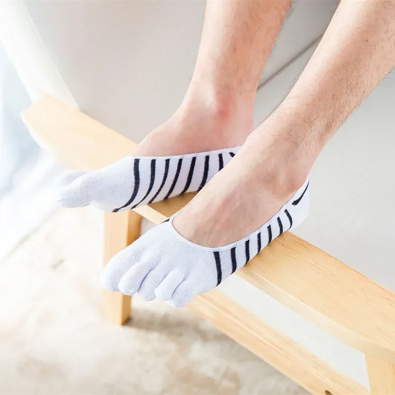 5 Pairs Men Summer Cotton Invisible Five Finger Socks Split Toe Socks Stripe Colored Socks