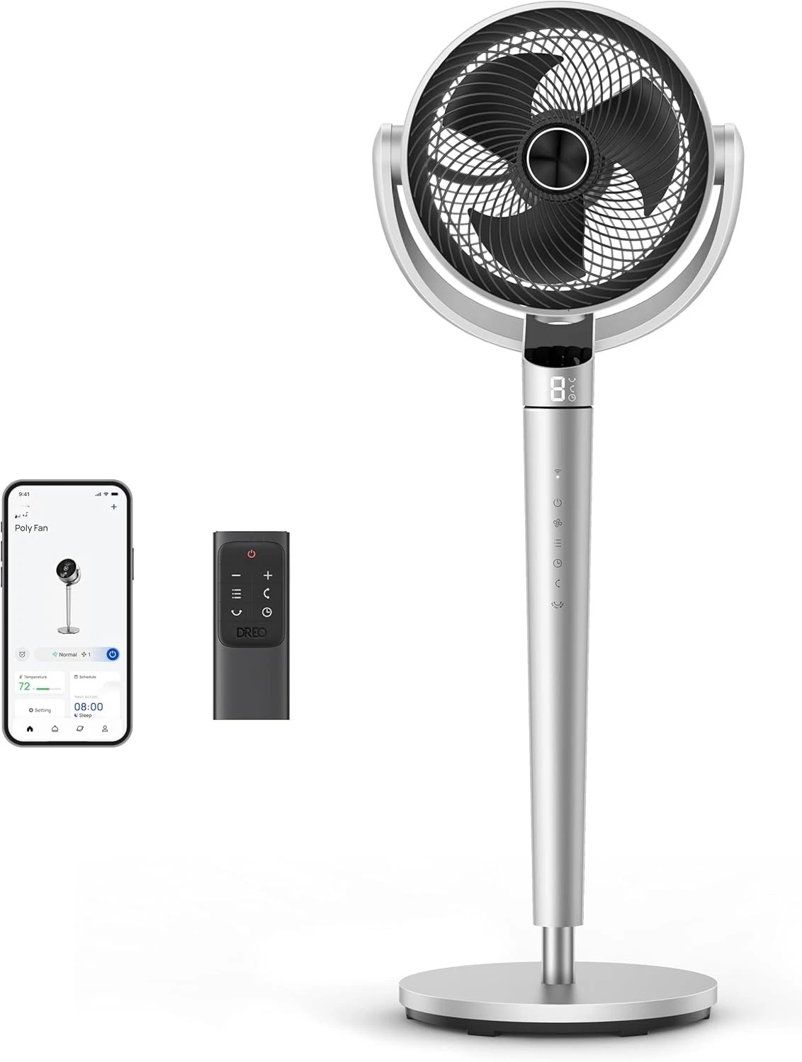 con control inteligente, ventilador de pedestal de 110 pies con ventilador oscilante de motor de CC para dormitorio, 150 ° +120 °   Ventiladores omnidireccionales de piso silenciosos