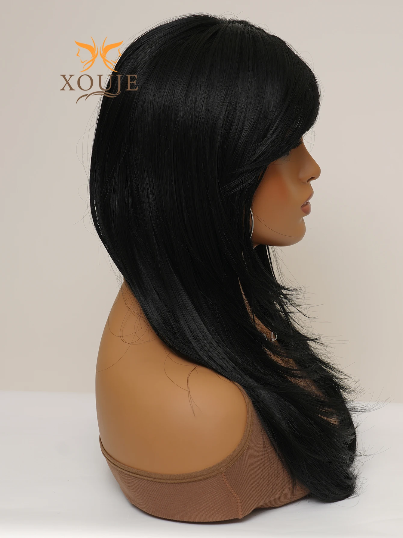 Glamor Chemical Fiber Heat Resistant Wig Long Straight Hair Layered Wig Natural Black 26 Inch Wig With Bangs, Daily Women\'s Part