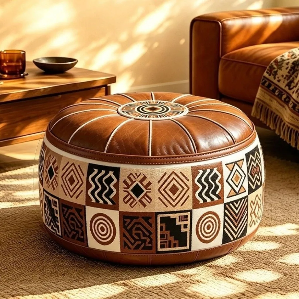 Boho Style Sofa Stool Cover PU Leather Unstuffed Storage Ottoman Waterproof Foldable Clothes Storage Bag Living Room