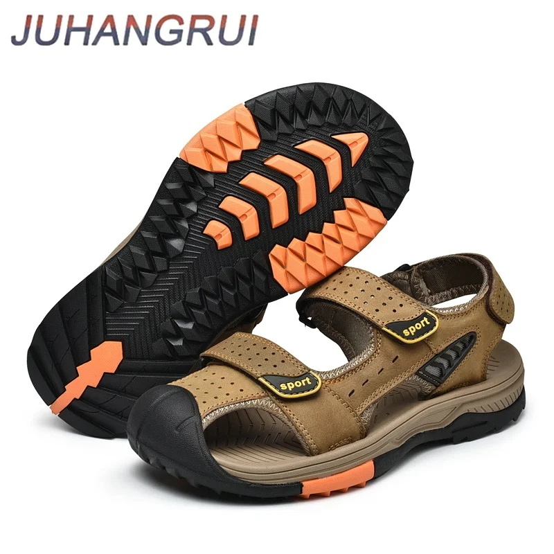 Men's Beach Shoes 2025 New Summer Genuine Leather Sandals Outdoor Casual Hollow out Breathable Two-Way Slip-On Clogs Large Size