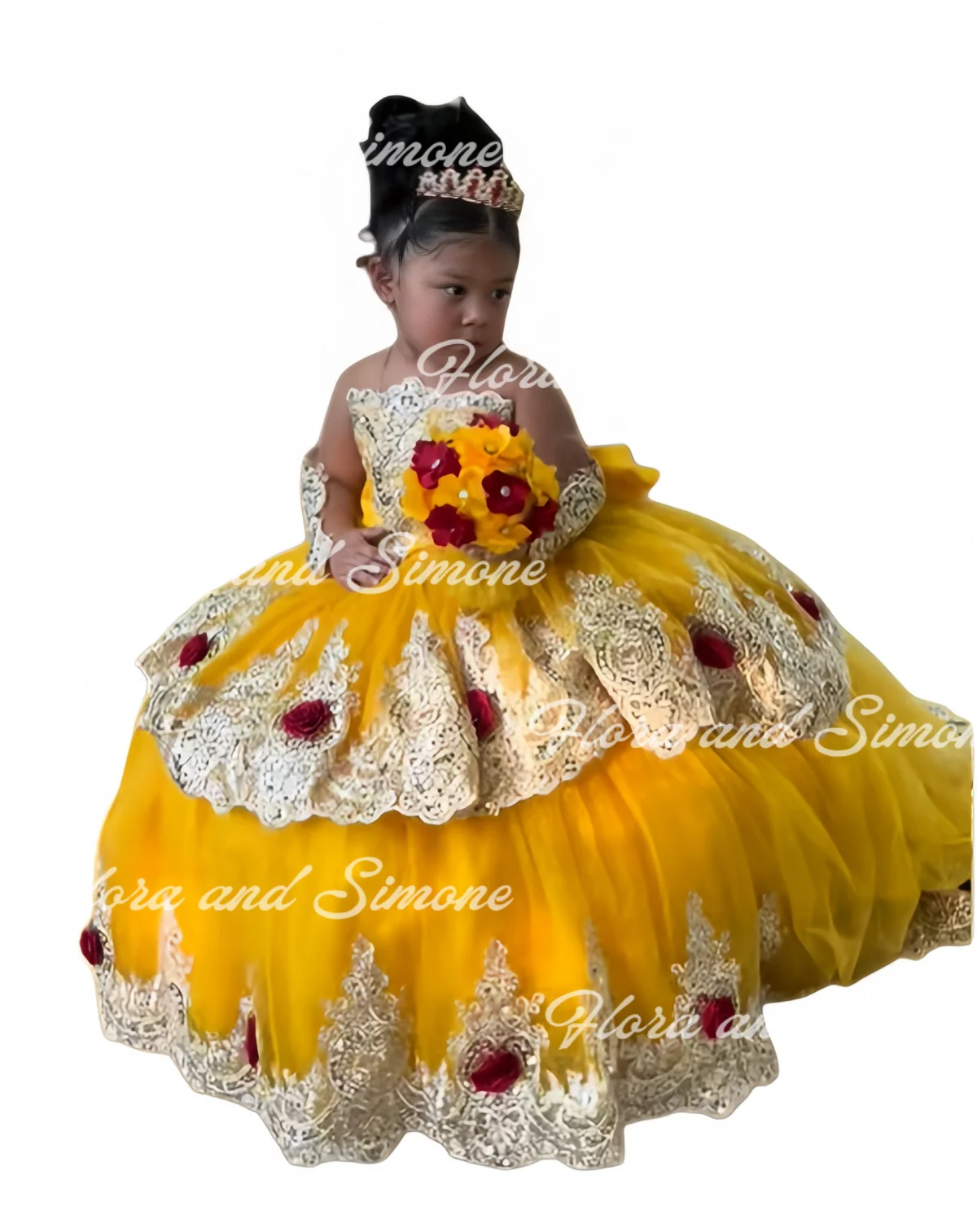Yellow Flower Girl Dress For Wedding 3D Applique Tulle Puffy With Bow Kids Birthday Party First Communion Ball Gowns Customized