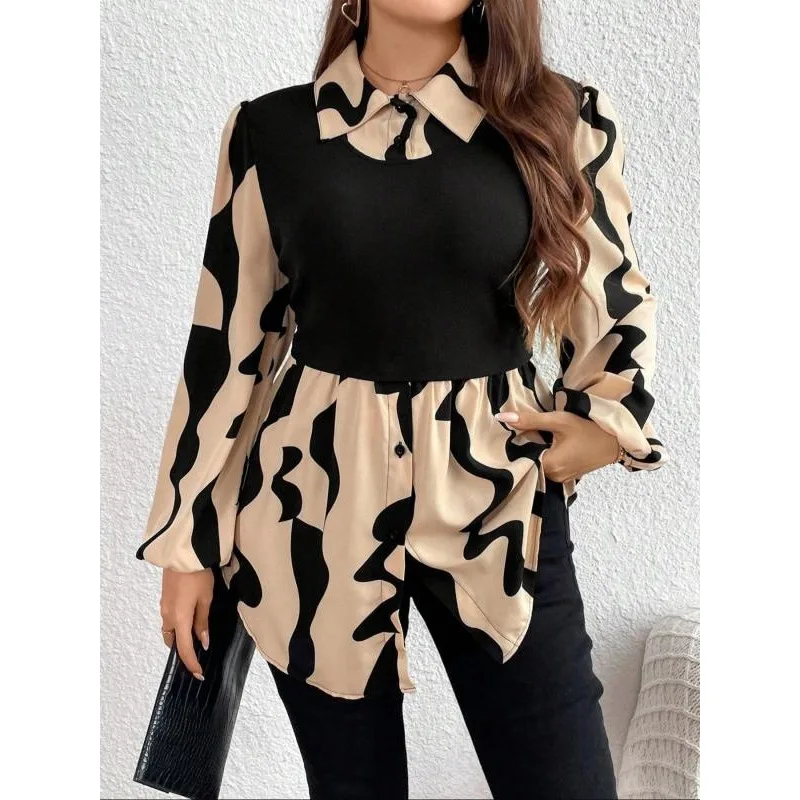 Plus Größe Frauen Langarm Kontrast Farbe Tops Mode Zugeknöpft Lose Gefaltete Kleidung Casual Revers Blusen & Shirts für Weibliche