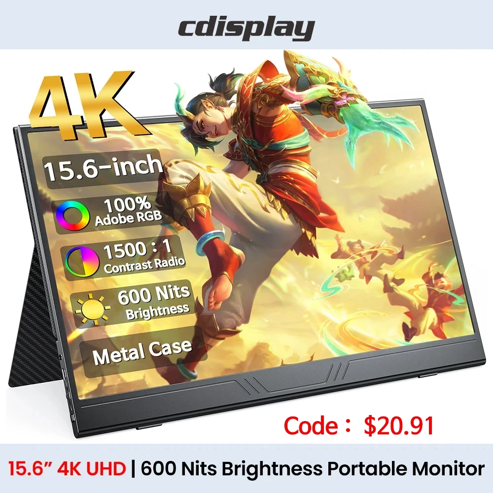 

Портативный монитор Cdisplay 4K, 15,6 дюйма, UHD 600 нит, игровой мини-монитор HDMI, строительный ноутбук, второй дисплей для PS5 Switch Xbox, ПК, геймеров