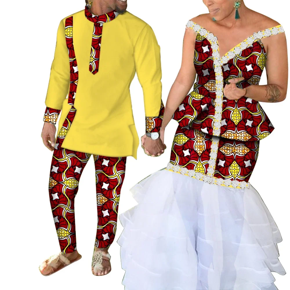 Fashion African Couple Clothes  Suits Set for Men Women African Bazin Riche Wedding Party African Clothes WYQ451