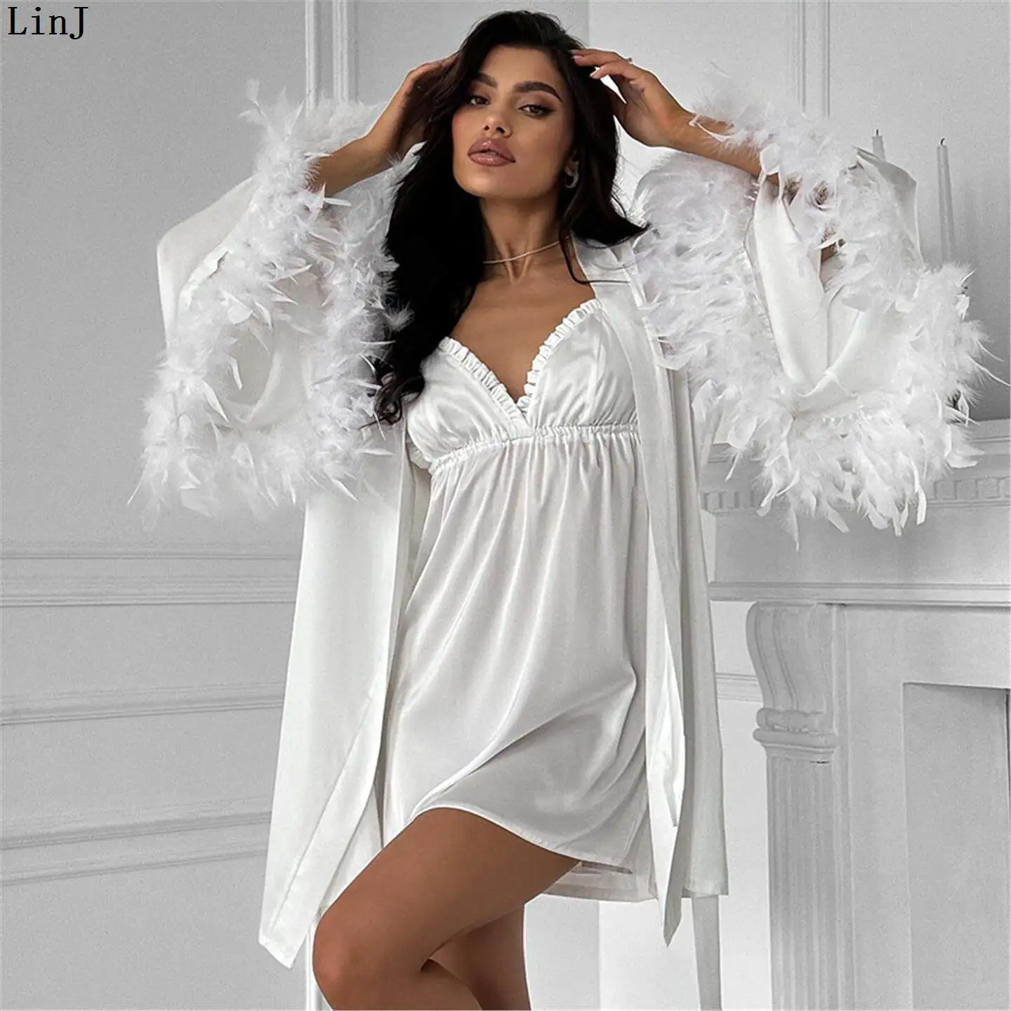 

Soft Feather Loose Comfortable Long Robe Nightgown Set Home Fashion Sleepwear Women's Autumn Season Breathable European Style