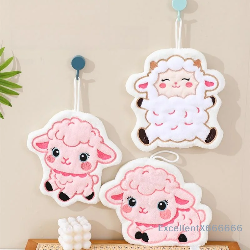 Cartoon Lamb Hanging Hand Towel Soft Fluffy Thick Absorbent for Kitchen Bathroom Dorm Room Student Daily Use