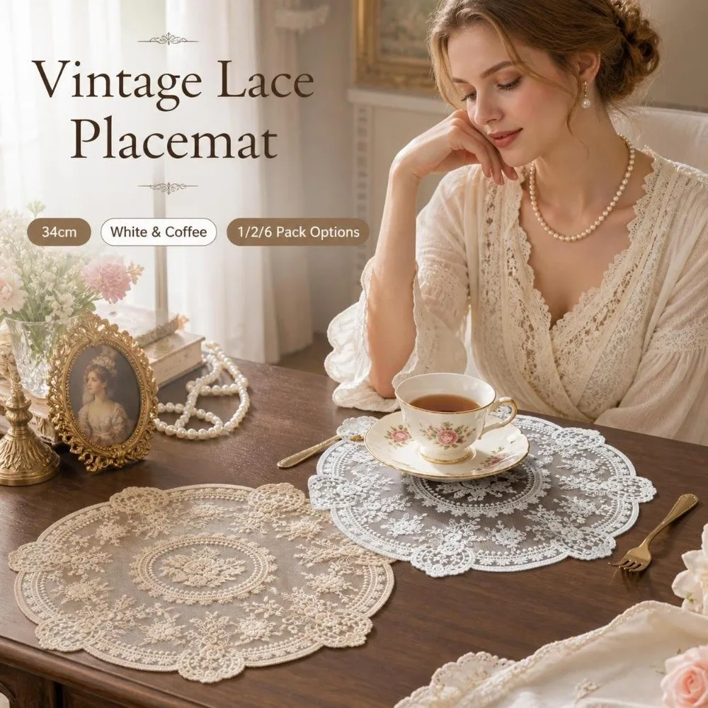 1/2/6pcs Embroidered Lace Tablemats Round Decorative Handmade Lace Table Mats Napkin Placemat Flower Embroidery
