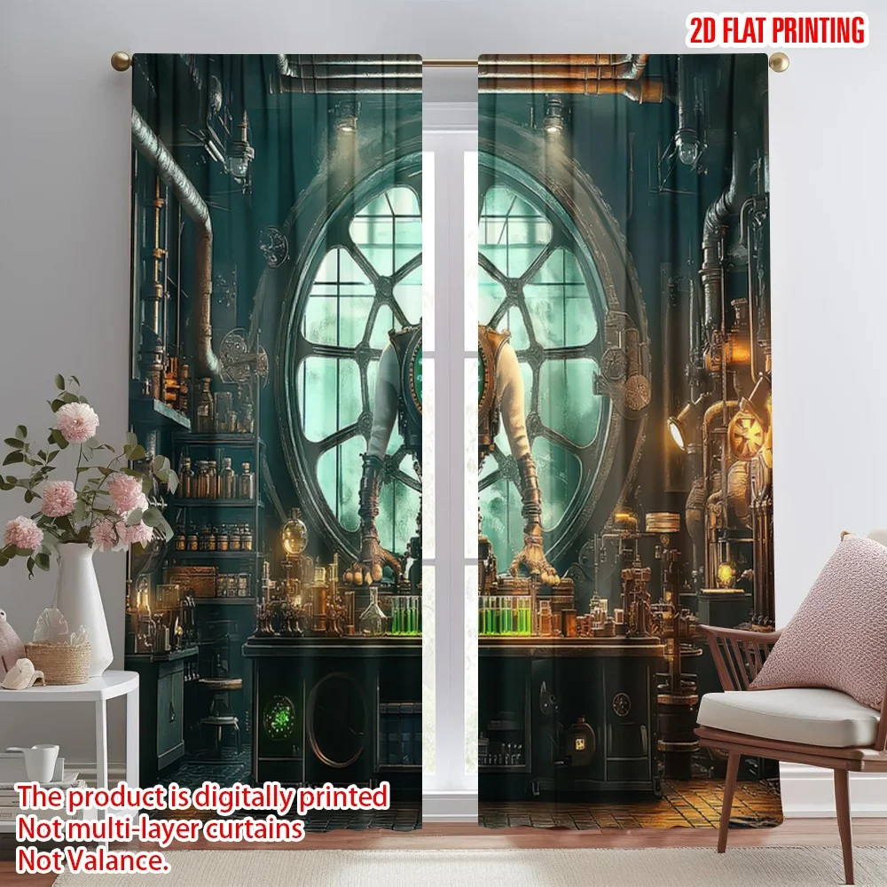 

2D flat printing 2pcs Curtain Steampunk Laboratory Clockwork Digital Printed Polyester Drapes All Season Party & Holiday Decor