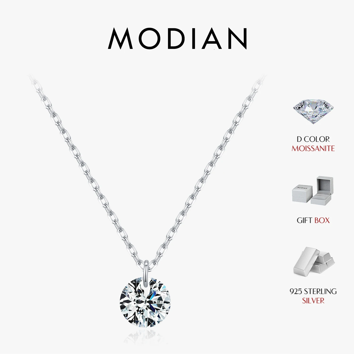 MODIAN 0.1CT/0.3CT/0.5CT VVS1 Clarity Moissanite 925 Sterling Silver Classic Round Pendant Necklace For Women Fine Jewelry
