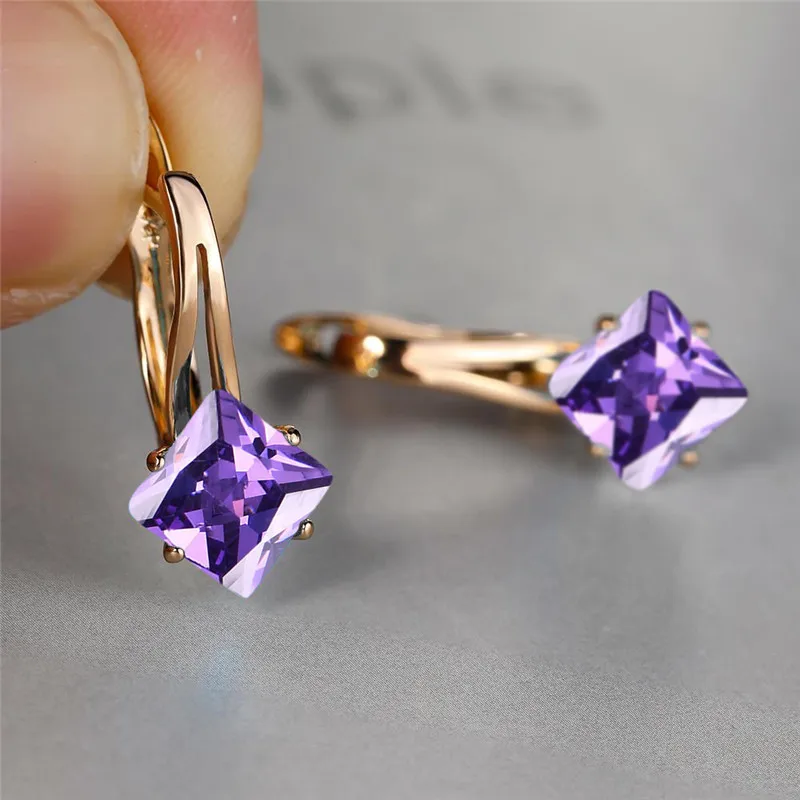 Cute Female Champagne Square Jewelry Luxury Crystal Zircon Stone Hoop Earring Rose Gold Color Wedding Earrings For Women