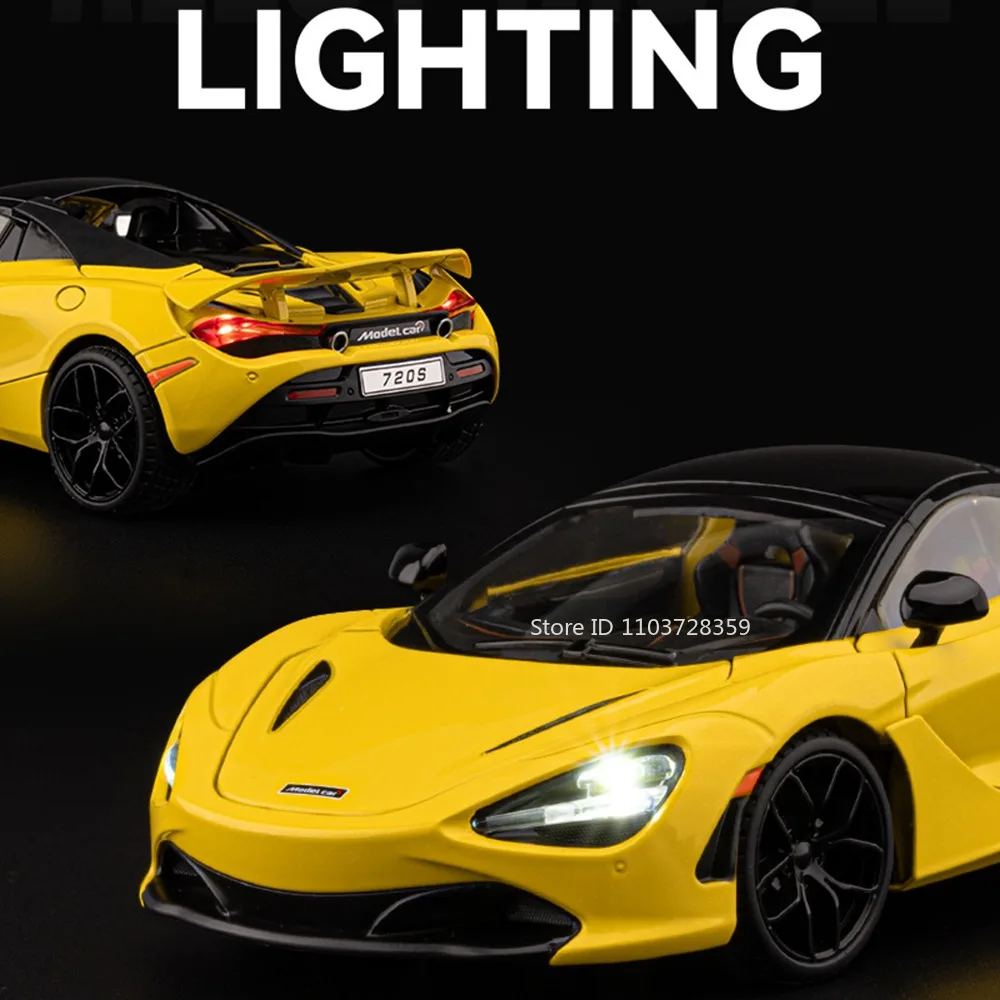 Modelo de estilo GTR 1:18 720S, supercoche de juguete de Metal fundido a presión, puertas con luz y sonido, adorno abierto, coches deportivos para niños, regalos