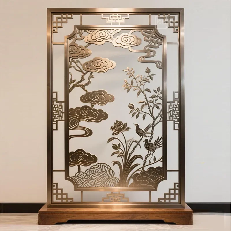 Art Stainless Steel Screen Partition with Chinese Lotus Kingfisher Relief Pattern for Living Room Bedroom Vertical Entrance