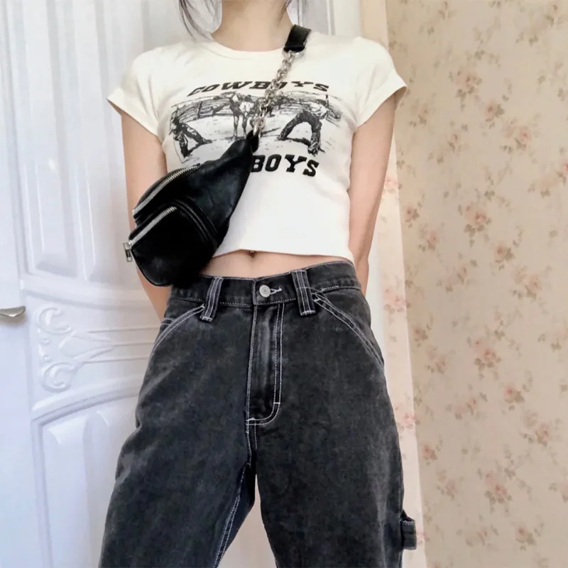 Y2K خمر الجرونج الكرتون رسالة مطبوعة الطفل تيز المرأة الصيف موضة قصيرة الأكمام عادية سليم المحاصيل القمم تي شيرت الشارع الشهير