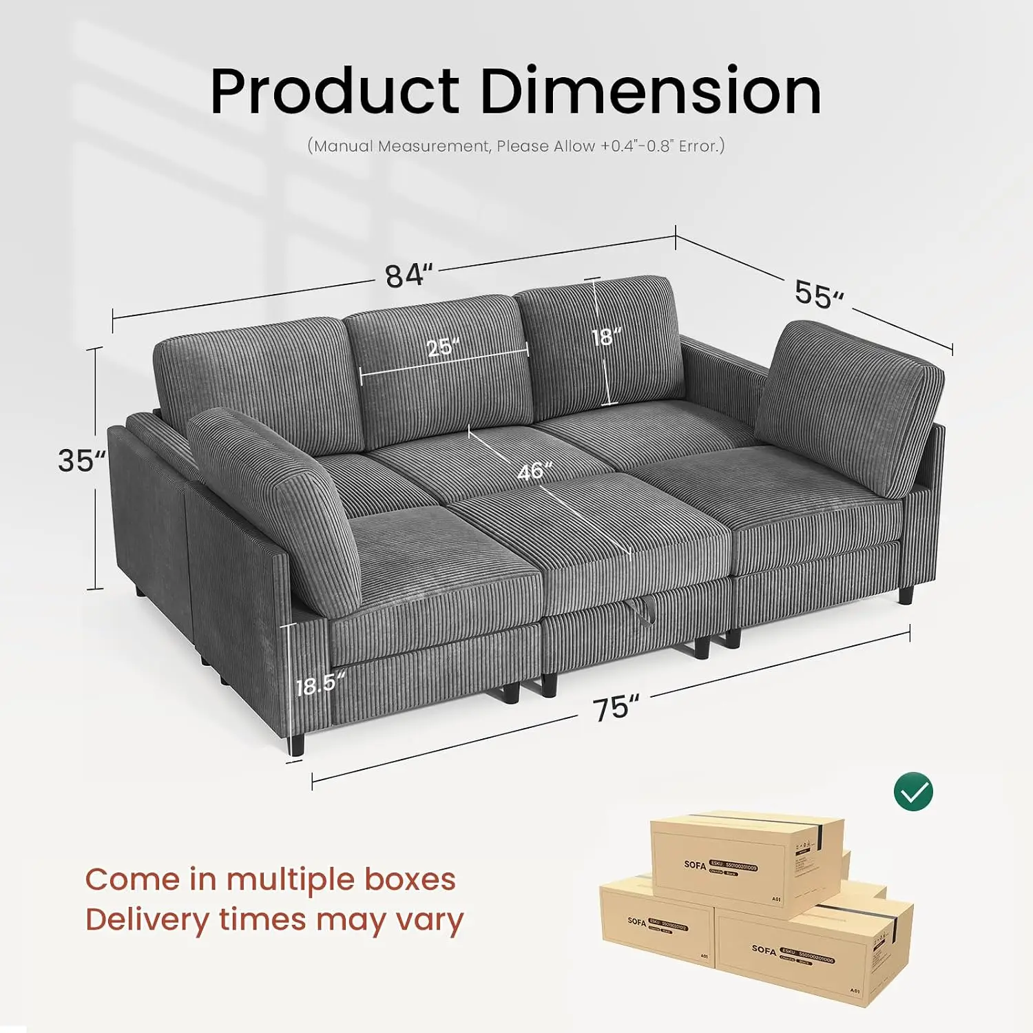 84 Inch Convertible Sectional Sofa Bed with Storage, Modular 6 Seat Couch for Living Room Bedroom, Removable Cover, Customized