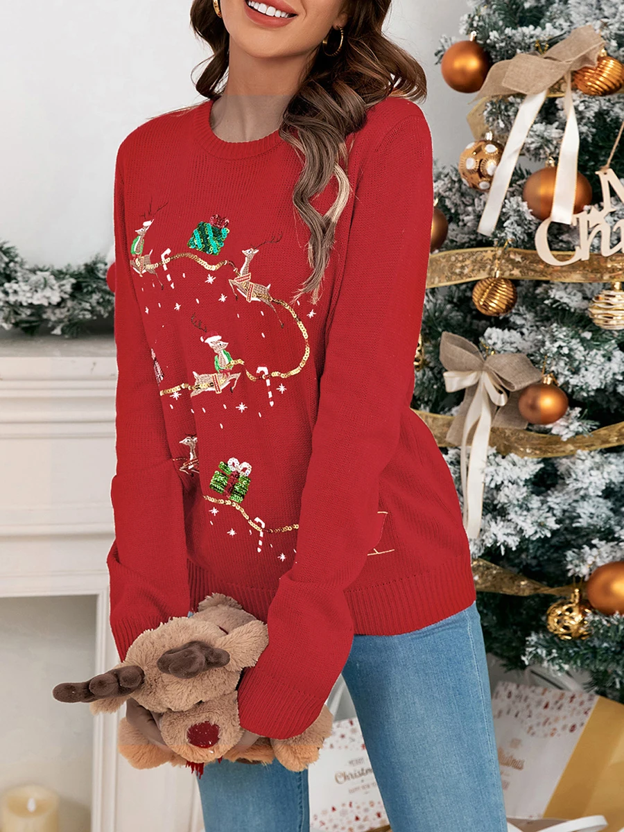 Women Christmas Sweater Long Sleeve Crew Neck Sequined Reindeer Pullover Sweater Winter Sweater