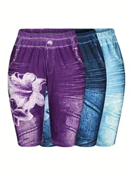 Pantalones cortos de mezclilla de imitación estilo Flor de lirio para mujer, conjunto de 3 piezas, ajustados, cómodos, informales y Leggings