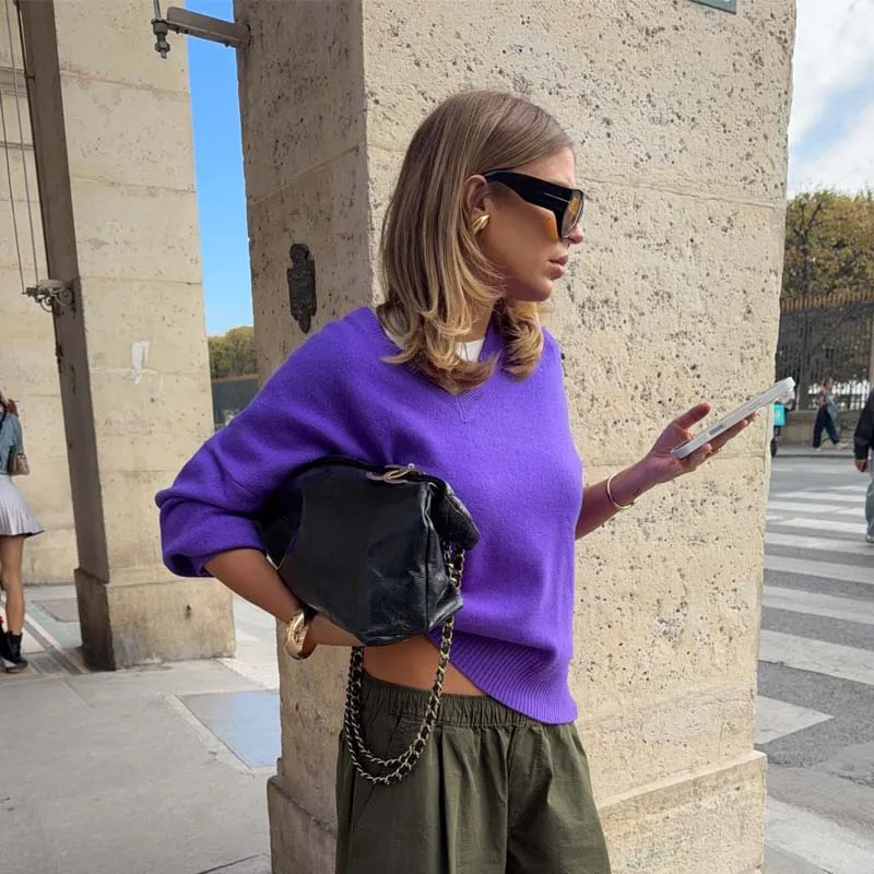 YENKYE Basic Women V Neck Oversized Knit Pullover Solid Long Sleeve Soft Casual Knitwear Sweater