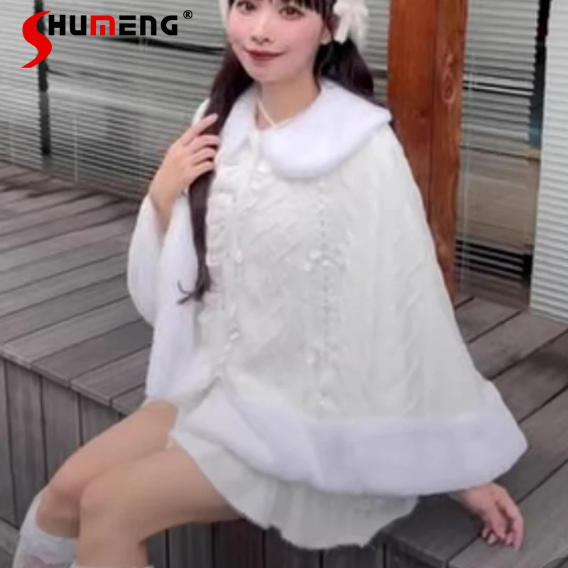 

Y2k Single-breasted Loose Sweet Cute Ponchos Jacket Top Japanese Lolita Soft Comfortable Doll Collar Bow Knitted Cloak Chaquetas