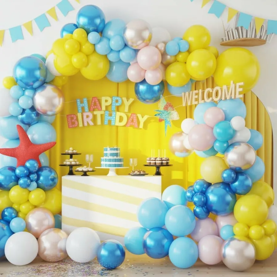 مجموعة بالونات زرقاء صفراء مقاس 12 بوصة مع بالونات لاتكس شفافة باللون الوردي المخضر لتزيين حفلات موضوع المحيط مثالية لاستحمام الطفل نحن